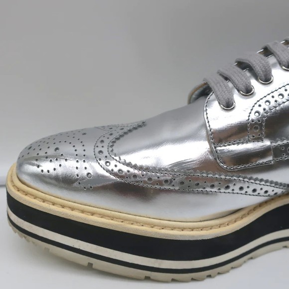 Prada Platform Wingtip Brogues Silver Metallic Leather Size 41 - Picture 8 of 12
